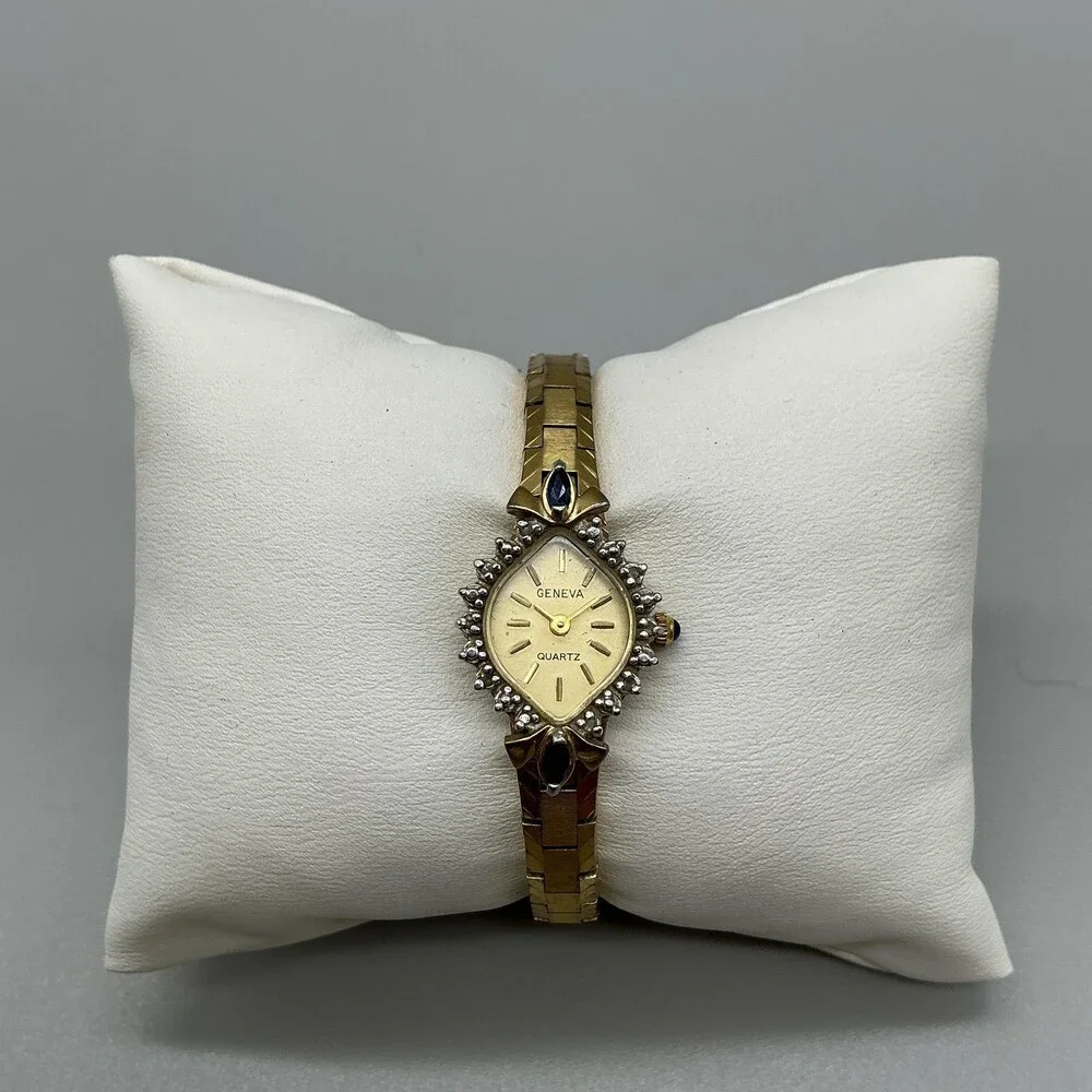 Geneva Womens Watch 16mm Champagne Dial Gold Tone Gemmed Blue Stones FOR PARTS